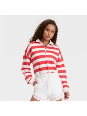 Joy Lab Striped Half-Zip Pullover in Red and Cream